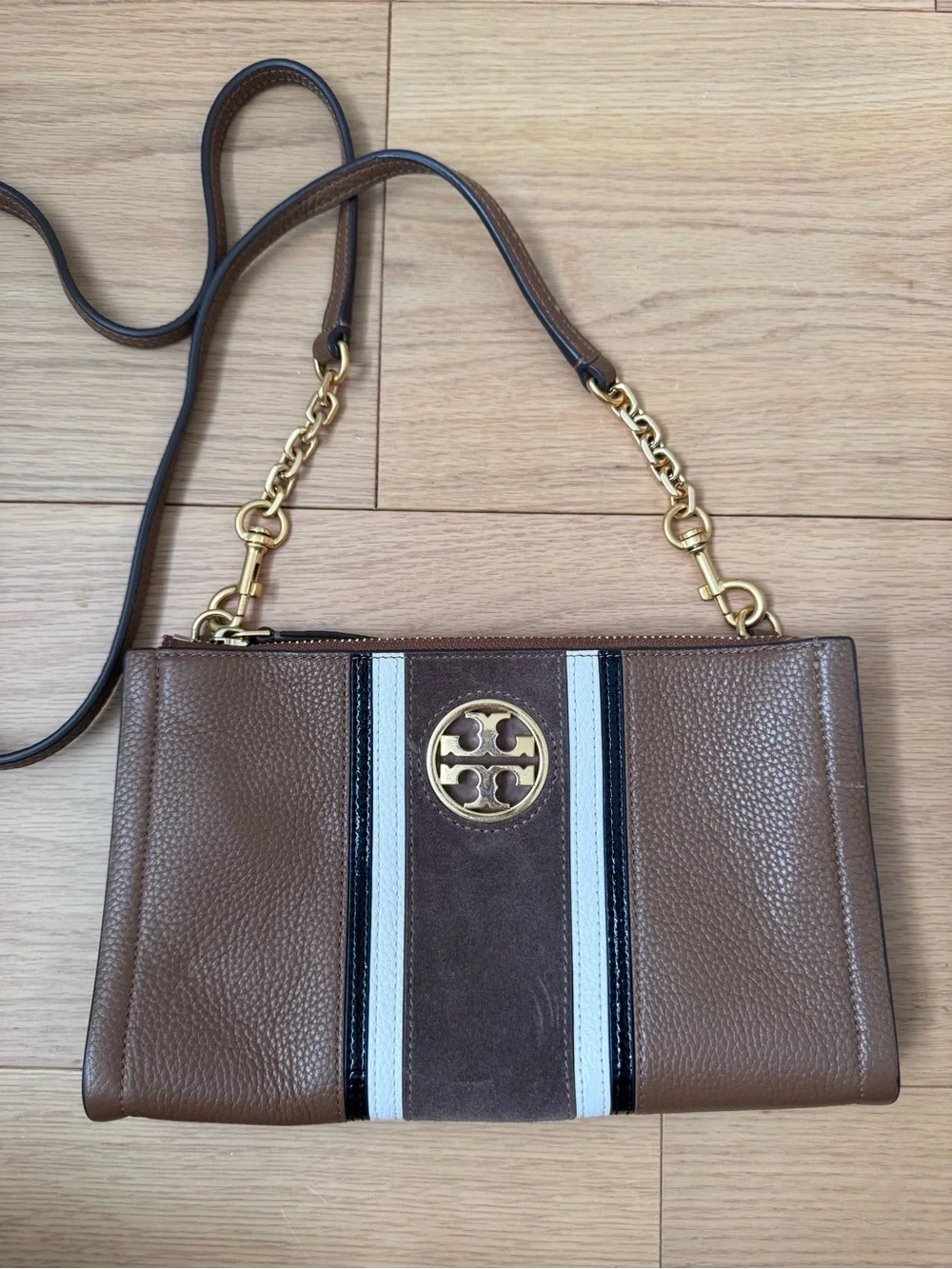 Tory Burch Carson Brown Leather Crossbody with White and Black Stripe